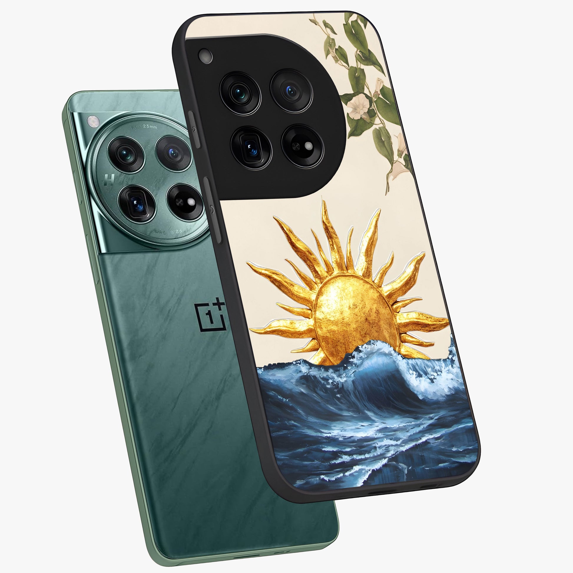 Solar Wave Bloom Glass Case for 1+12 angled mockup showcasing glossy finish and warm luminous tones