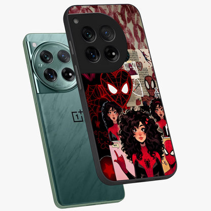 Spider Love Story Glass Case for 1+12 angled mockup showcasing glossy finish and vibrant comic style detailing