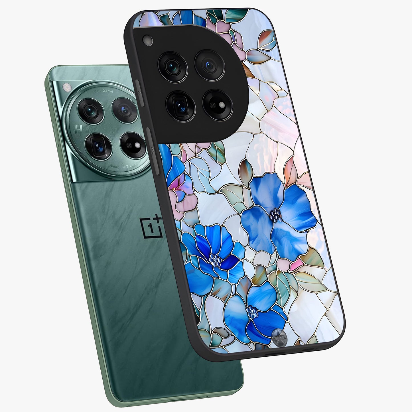 Stained Blue Floral Glass Case for 1+12 angled mockup showcasing glossy glass finish and rich sapphire tones