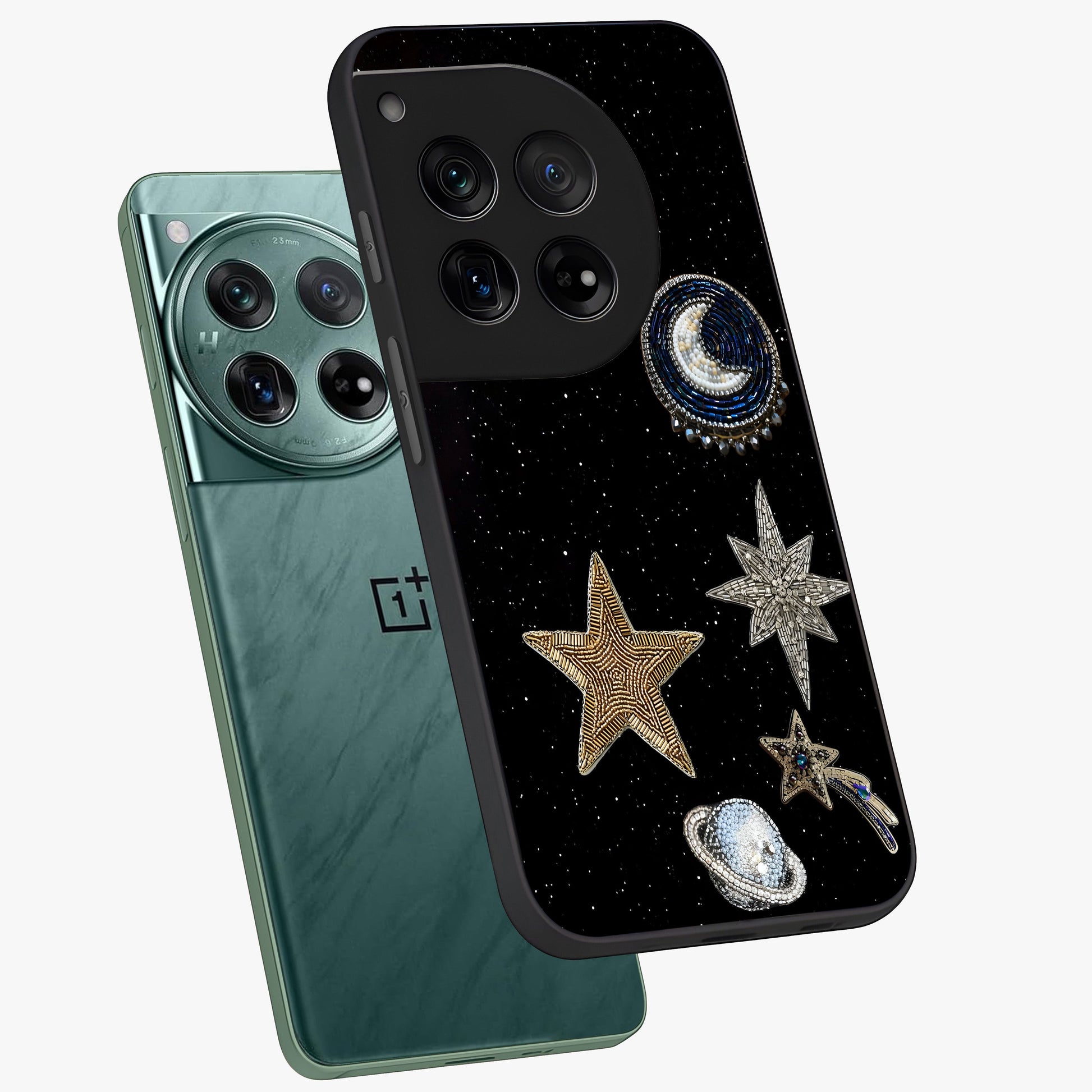 Starlit Cosmic Dreams Glass Case for 1+12 angled mockup showcasing glossy finish and deep space gradients