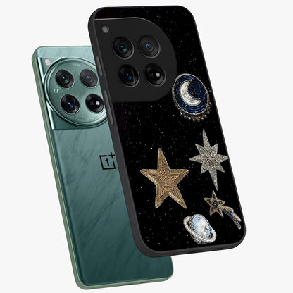 Starlit Cosmic Dreams Glass Case for 1+12 angled mockup showcasing glossy finish and deep space gradients