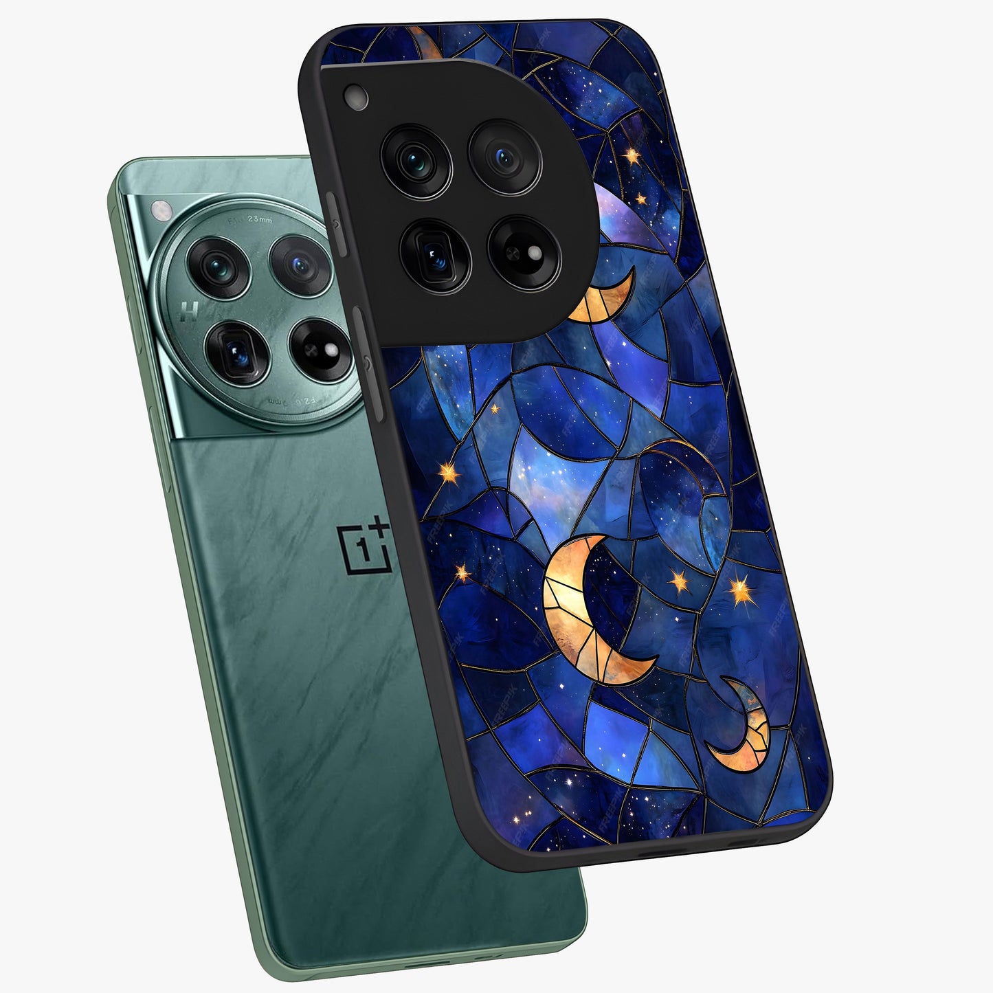 Starlit Sky Tapestry Glass Case for 1+12 angled mockup showcasing glossy finish and rich night tones