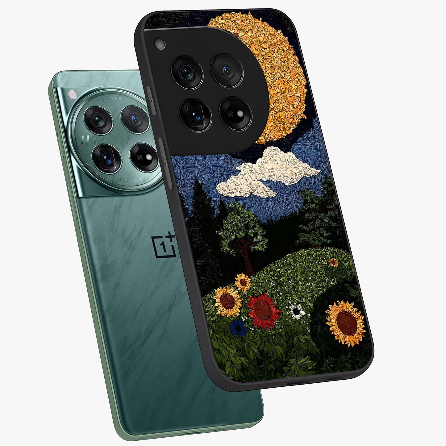 Sun and Moon Magic Design Glass Case for 1+12 angled mockup showcasing glossy finish and mystical gradient tones