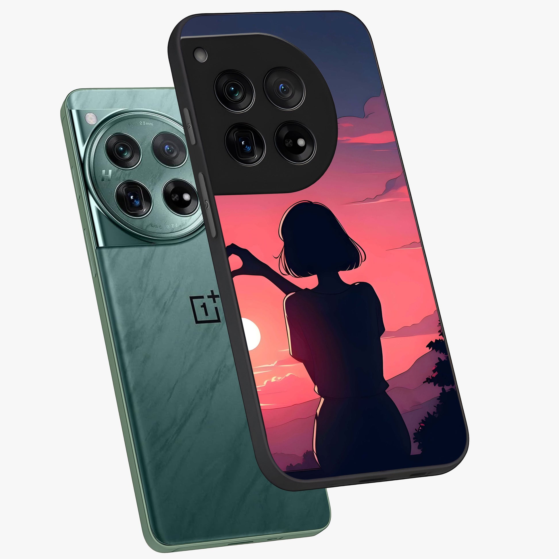 Sunset Silhouette Boy Glass Case for 1+12 angled mockup showcasing glossy finish and rich orange tones