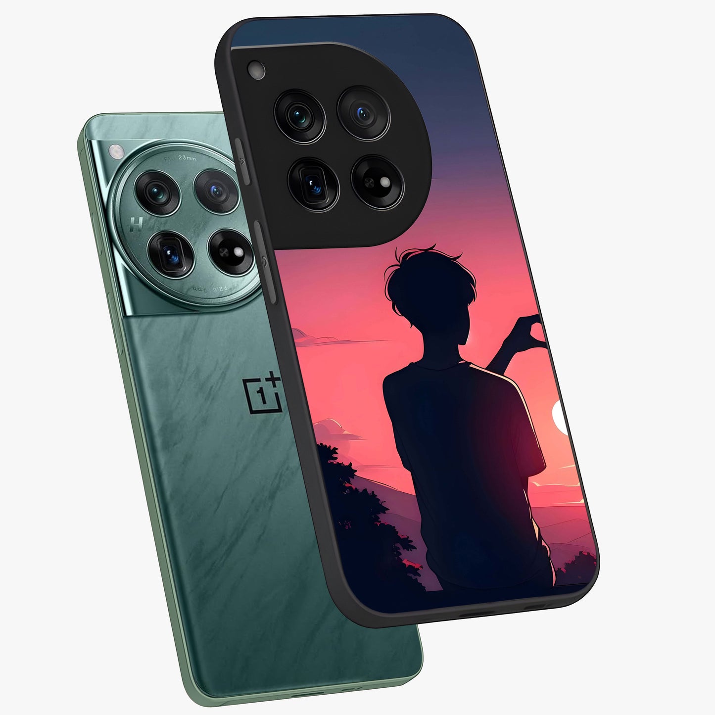 Sunset Silhouette Girl Glass Case for 1+12 angled mockup showcasing glossy finish and warm gradient tones