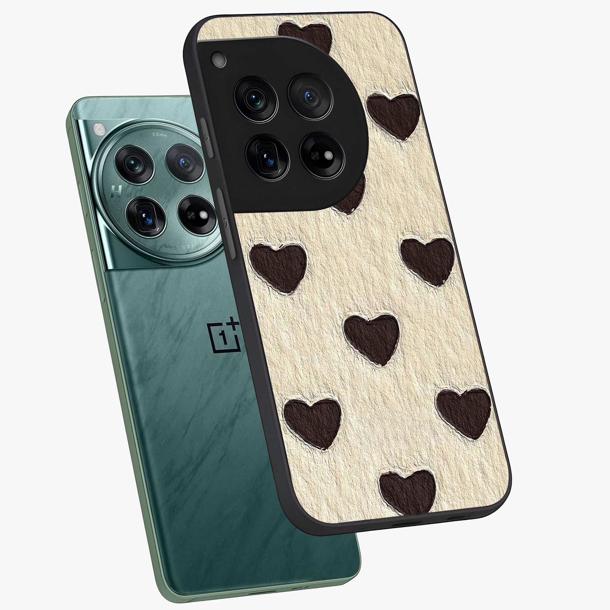 Textured Love Pattern Glass Case for 1+12 angled mockup showcasing glossy finish and subtle pattern detailing