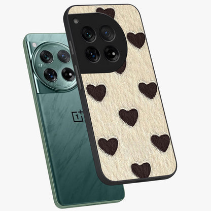 Textured Love Pattern Glass Case for 1+12 angled mockup showcasing glossy finish and subtle pattern detailing