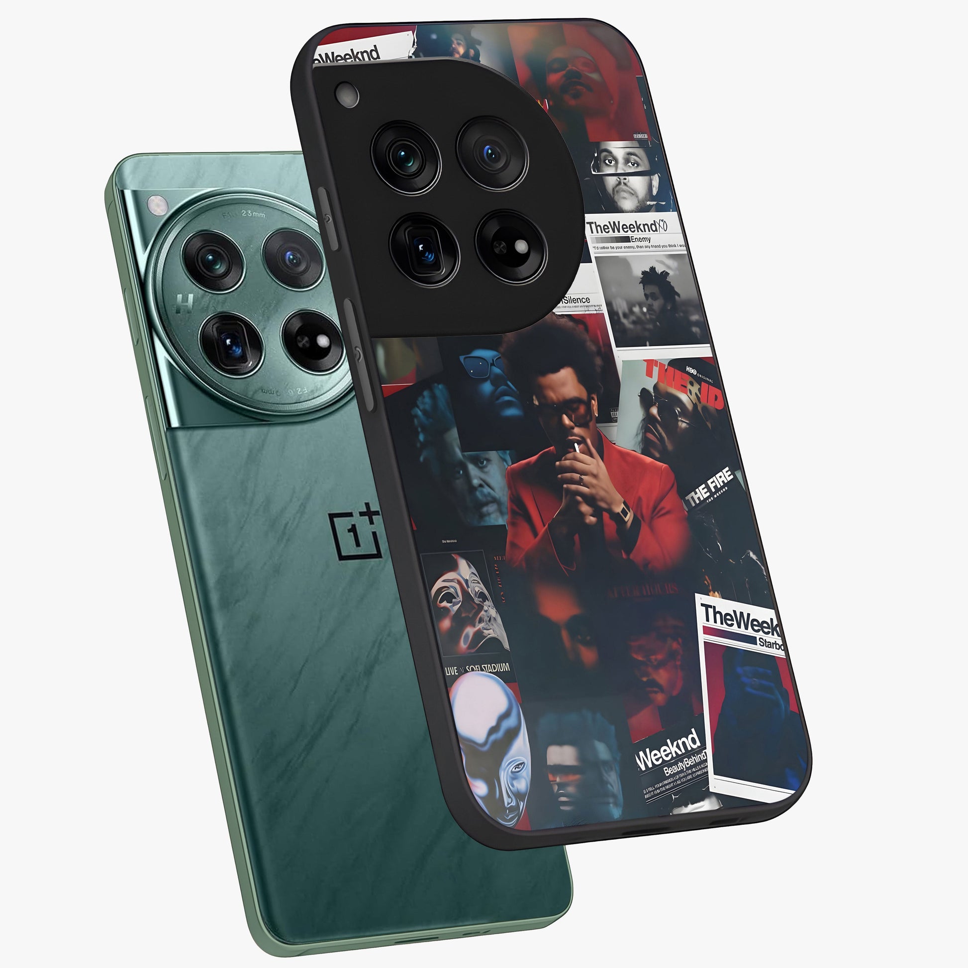 The Weeknd Glass Case for 1+12 angled mockup showcasing glossy finish and bold modern tones