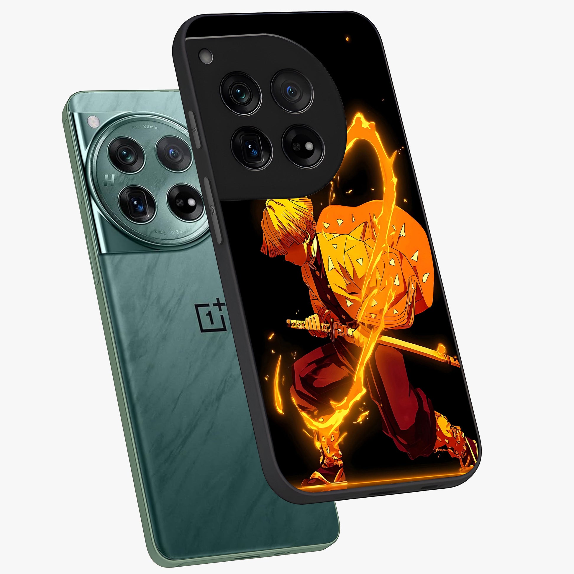 Thunder Flame Execution Glass Case for 1+12 angled mockup showcasing glossy finish and dramatic high contrast tones