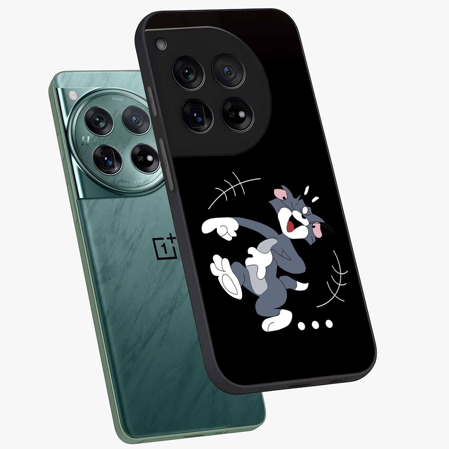 Tom in Trouble Glass Case for 1+12 angled mockup showcasing glossy finish and vibrant cartoon detailing