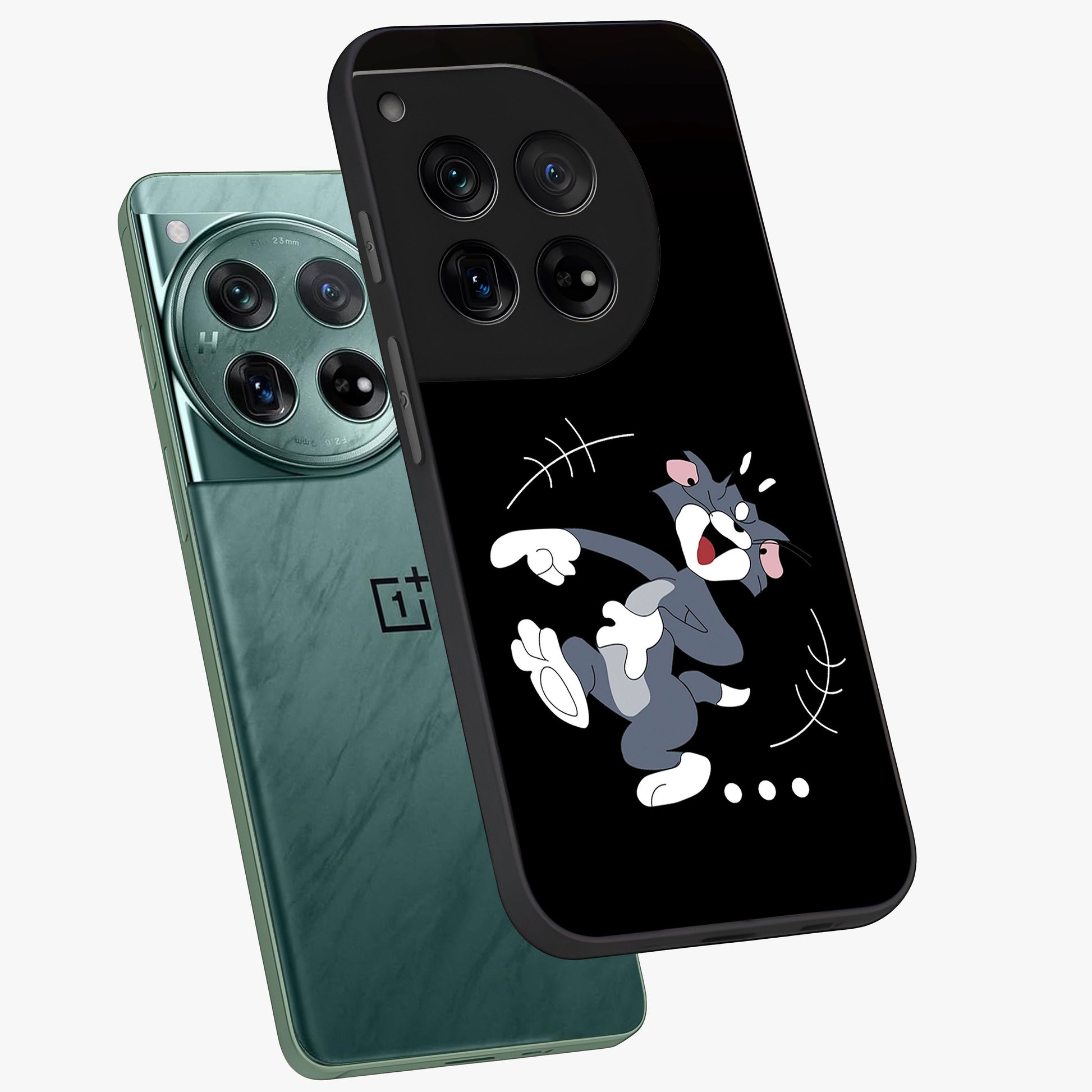 Tom in Trouble Glass Case for 1+12 angled mockup showcasing glossy finish and vibrant cartoon detailing
