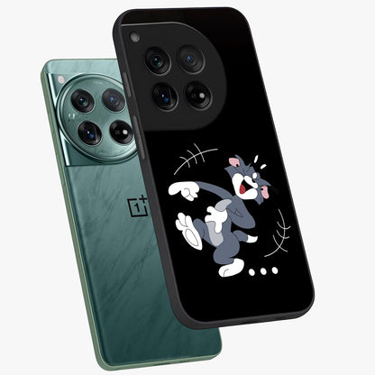 Tom in Trouble Glass Case for 1+12 angled mockup showcasing glossy finish and vibrant cartoon detailing