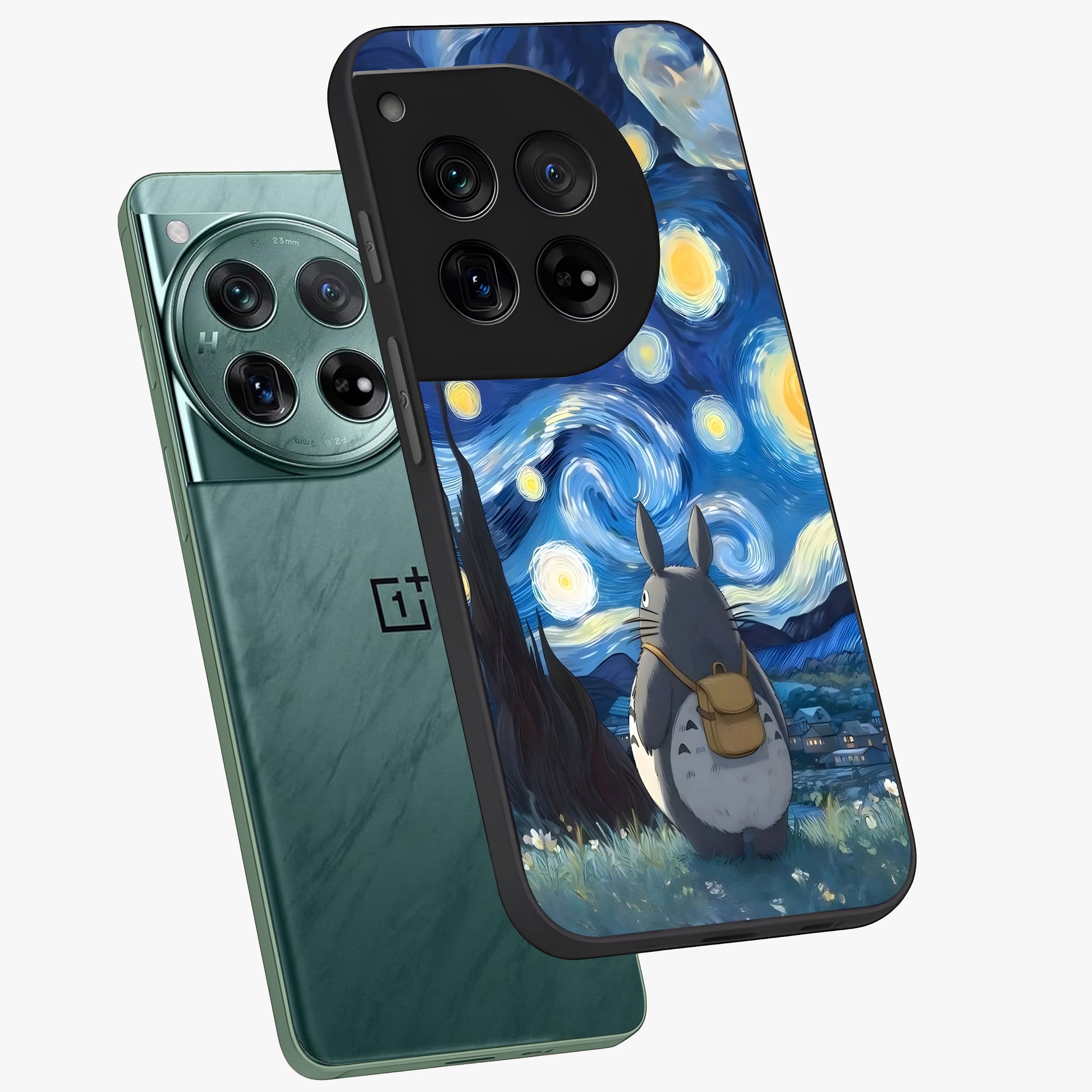 Totoro in Van Gogh Art Glass Case for 1+12 angled mockup showcasing glossy finish and vibrant brushstroke detailing