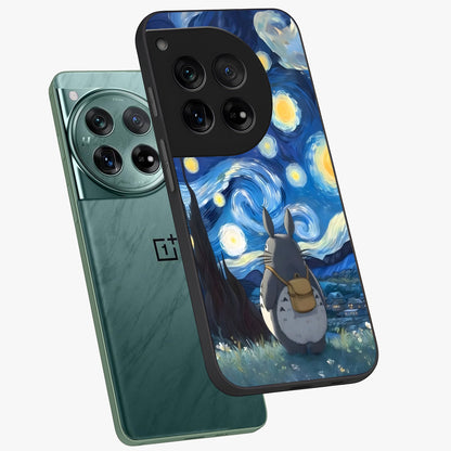Totoro in Van Gogh Art Glass Case for 1+12 angled mockup showcasing glossy finish and vibrant brushstroke detailing