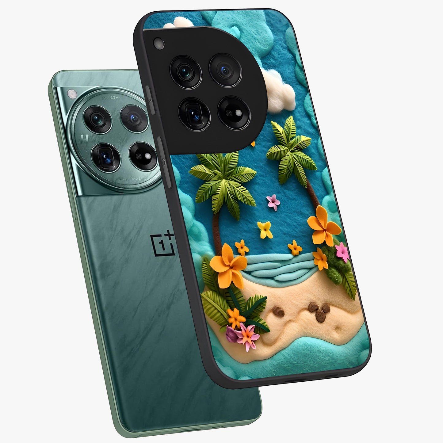 Tropical Felt Escape Glass Case for 1+12 angled mockup showcasing glossy finish and vibrant island tones