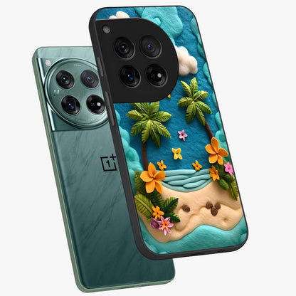 Tropical Felt Escape Glass Case for 1+12 angled mockup showcasing glossy finish and vibrant island tones