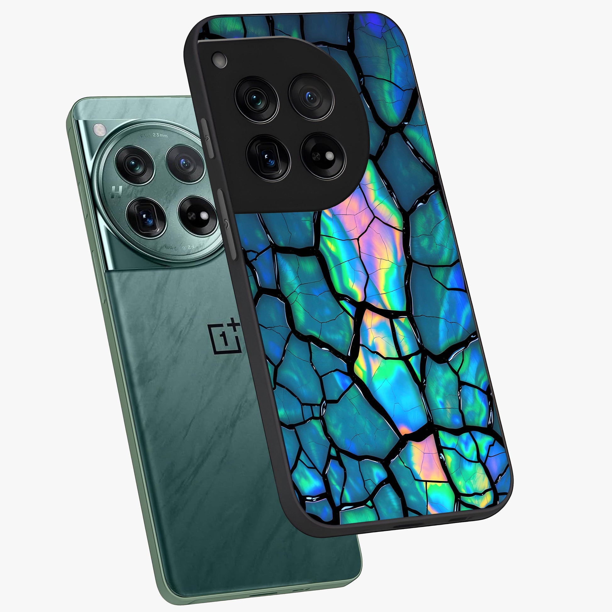 Tropical Wing Vibe Glass Case for 1+12 angled mockup showcasing glossy finish and bold gradient detailing