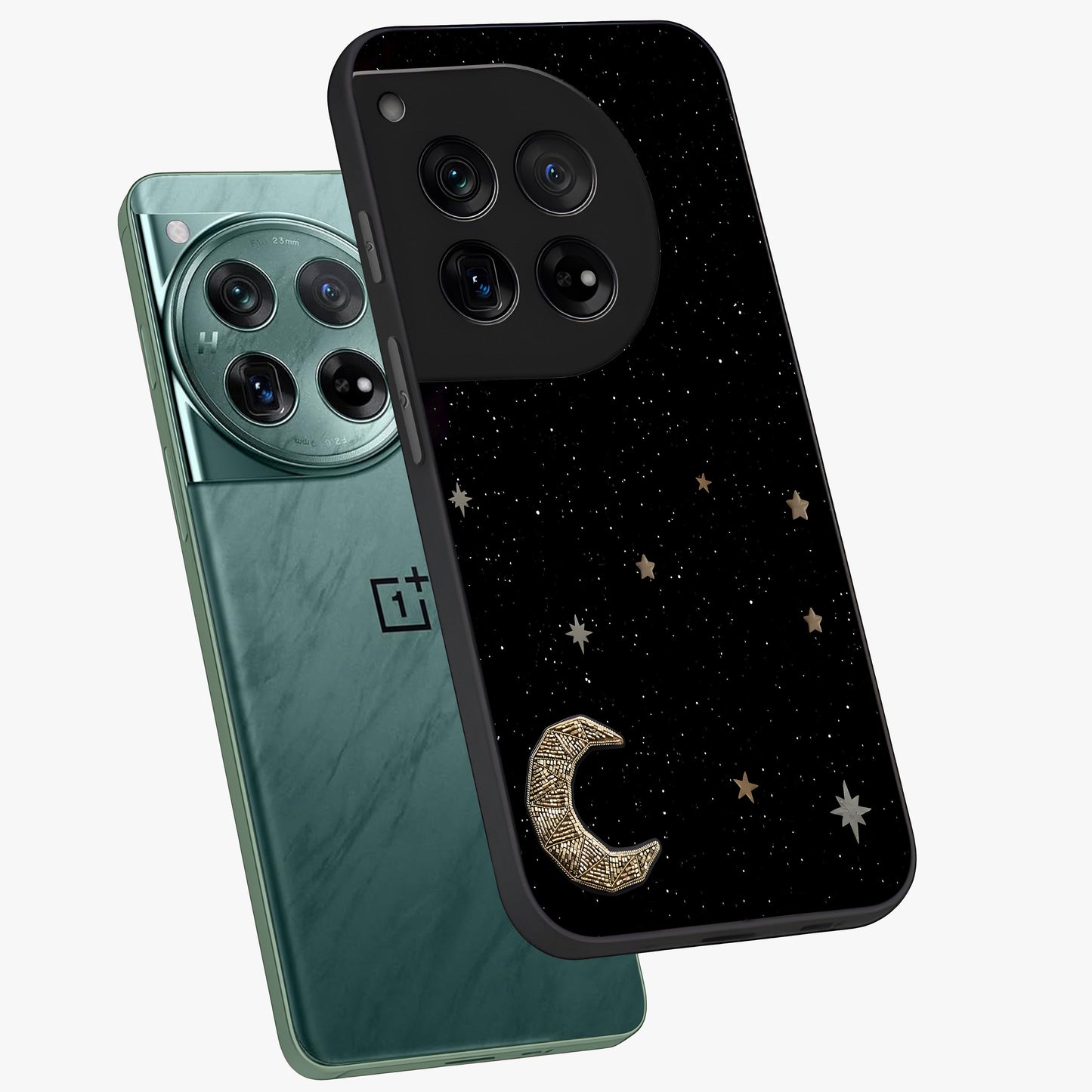 Twinkle Star With Half Moon Glass Case for 1+12 angled mockup showcasing glossy finish and celestial night tones