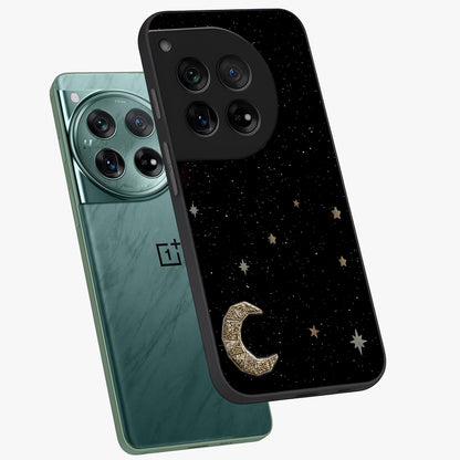 Twinkle Star With Half Moon Glass Case for 1+12 angled mockup showcasing glossy finish and celestial night tones