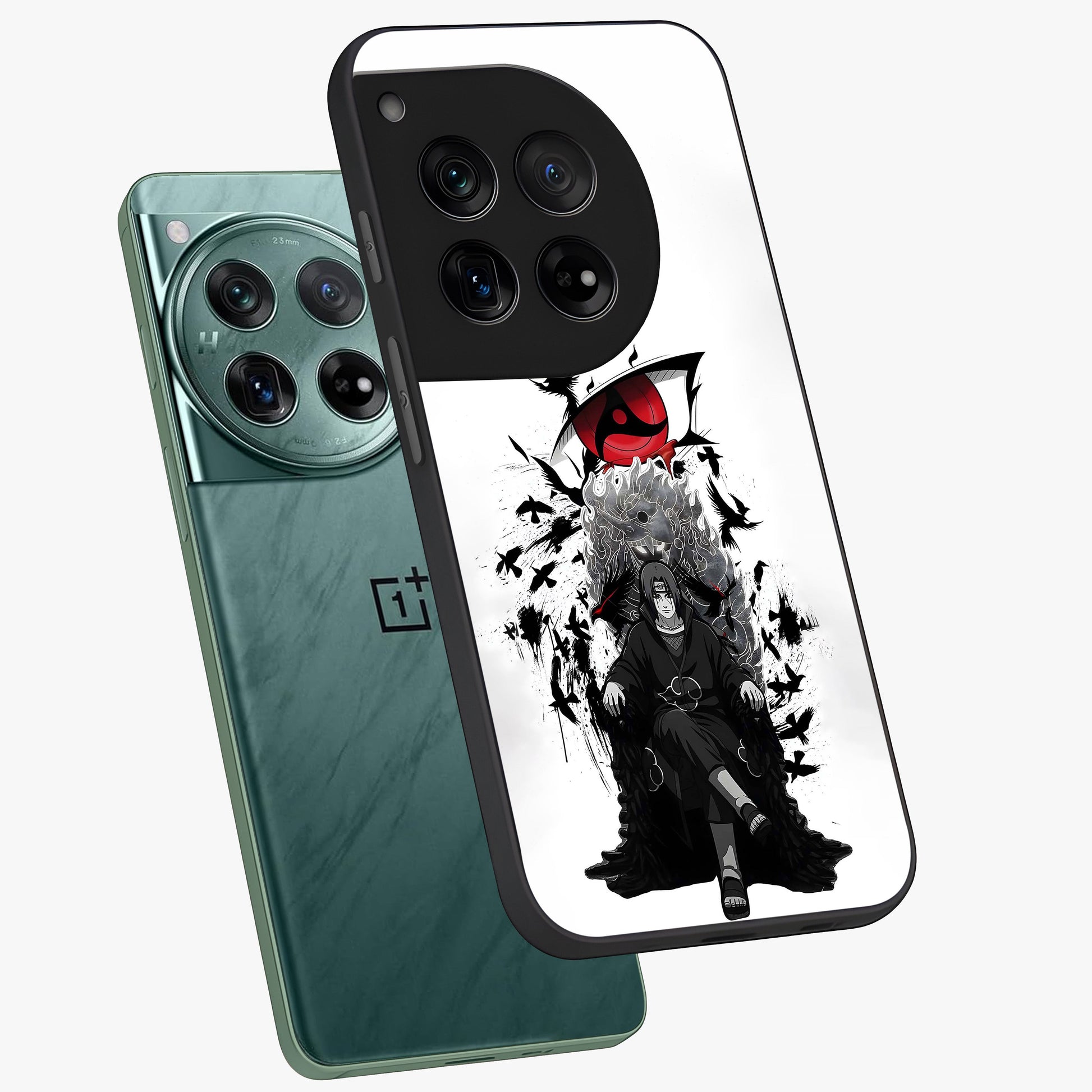 Uchiha Shadow Throne Glass Case for 1+12 angled mockup showcasing glossy finish and dramatic shadow detailing