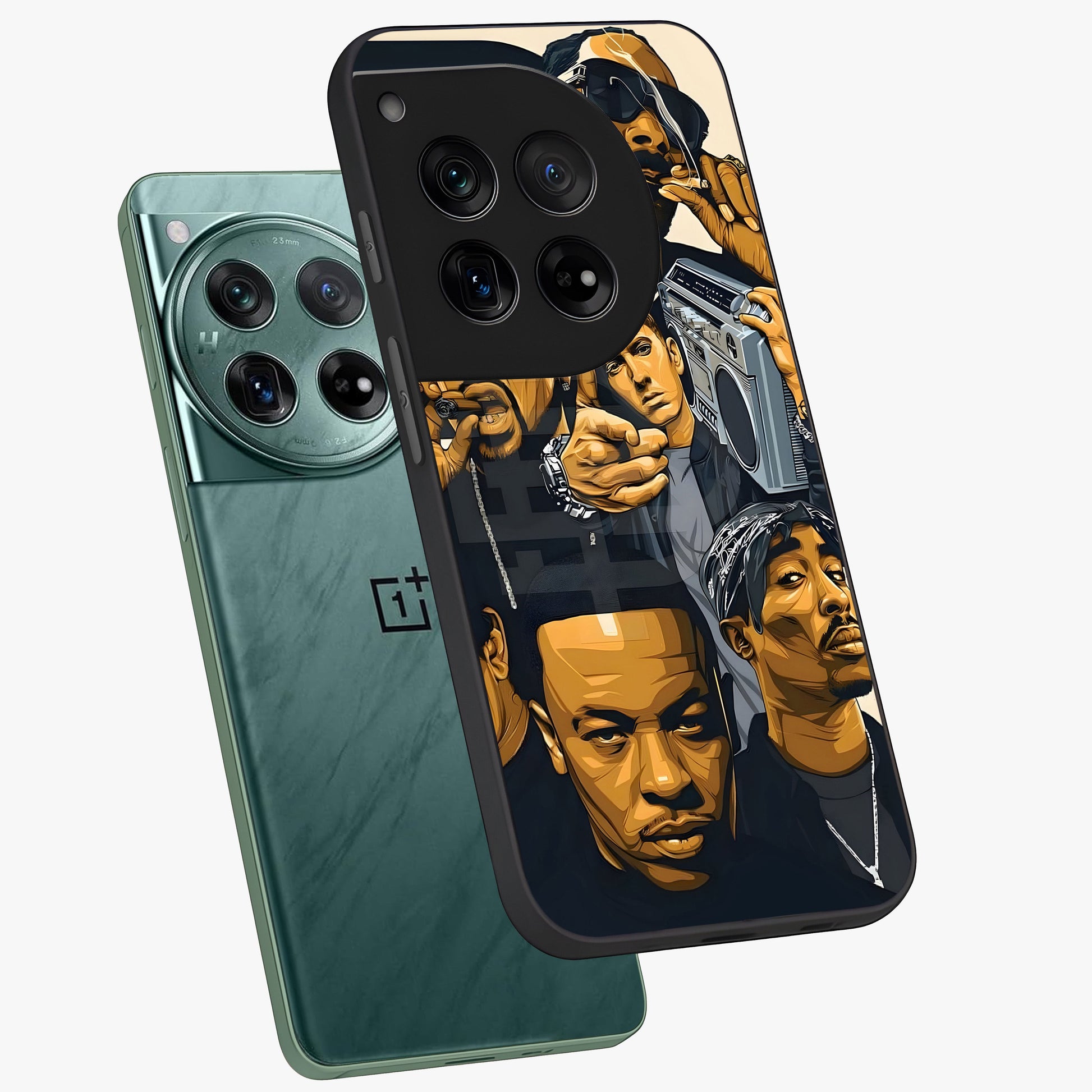 Urban Rap Legends Glass Case for 1+12 angled mockup showcasing glossy finish and edgy urban detailing