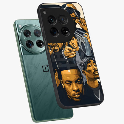 Urban Rap Legends Glass Case for 1+12 angled mockup showcasing glossy finish and edgy urban detailing
