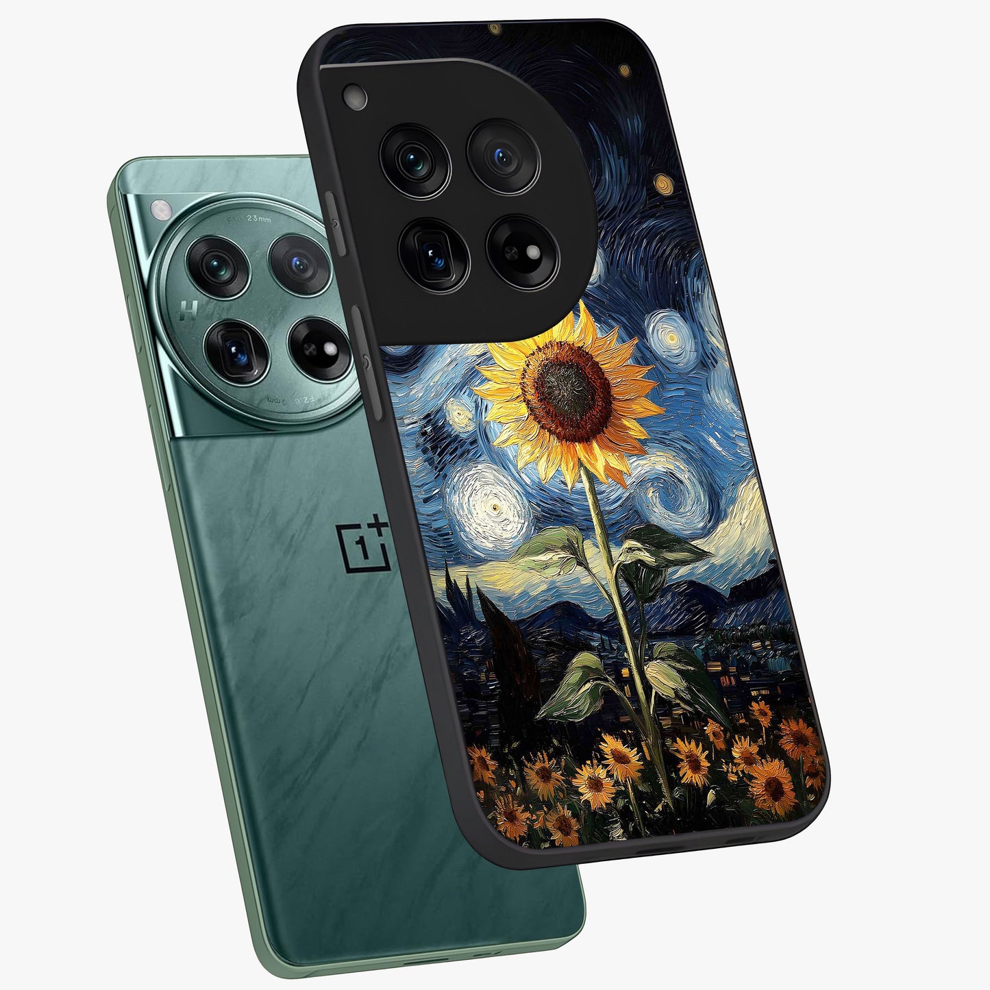 Van Gogh Sunflower Glass Case for 1+12 angled mockup showcasing glossy finish and bold yellow tones