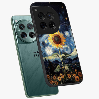 Van Gogh Sunflower Glass Case for 1+12 angled mockup showcasing glossy finish and bold yellow tones