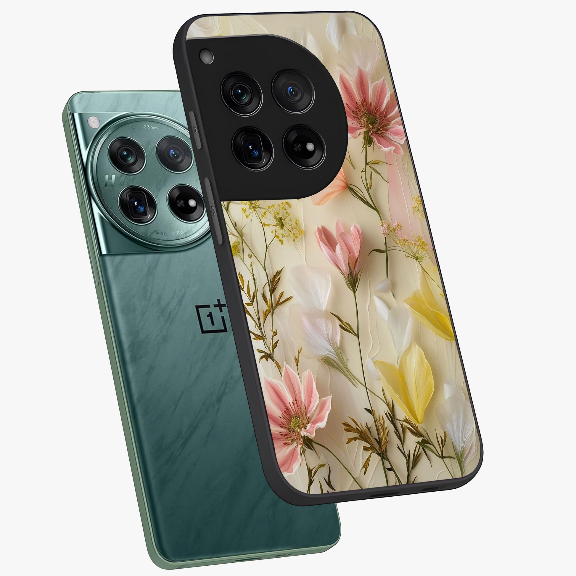 Whispering Petal Harmony Glass Case for 1+12 angled mockup showcasing glossy finish and delicate bloom detailing