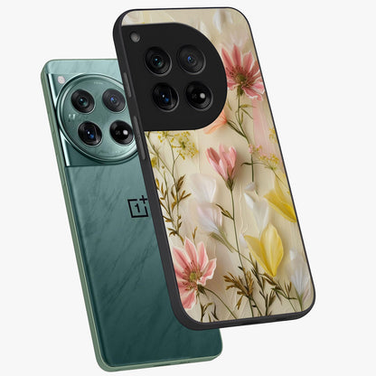 Whispering Petal Harmony Glass Case for 1+12 angled mockup showcasing glossy finish and delicate bloom detailing