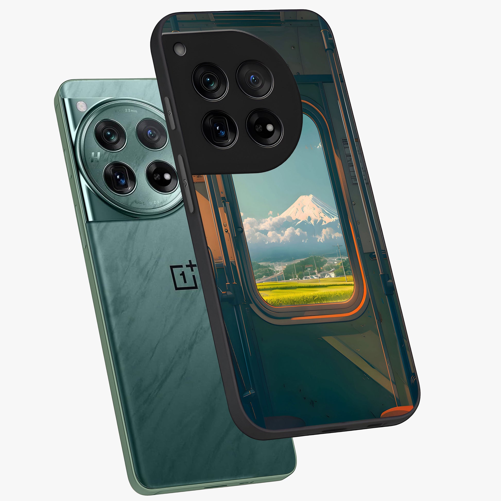 Window to Fuji Glass Case for 1+12 angled mockup showcasing glossy finish and serene landscape tones