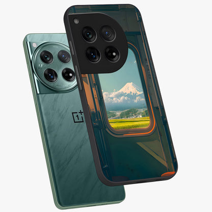 Window to Fuji Glass Case for 1+12 angled mockup showcasing glossy finish and serene landscape tones