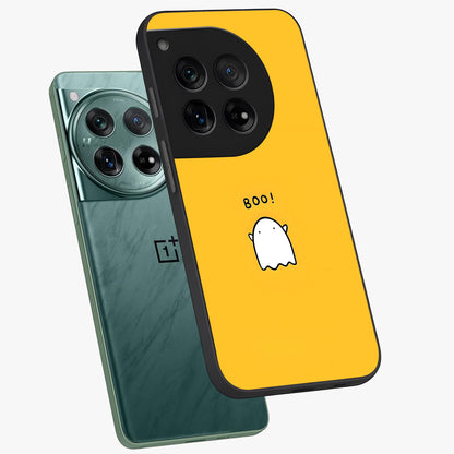Yellow Boo Ghost Glass Case for 1+12 angled mockup showcasing glossy finish and fun animated detailing