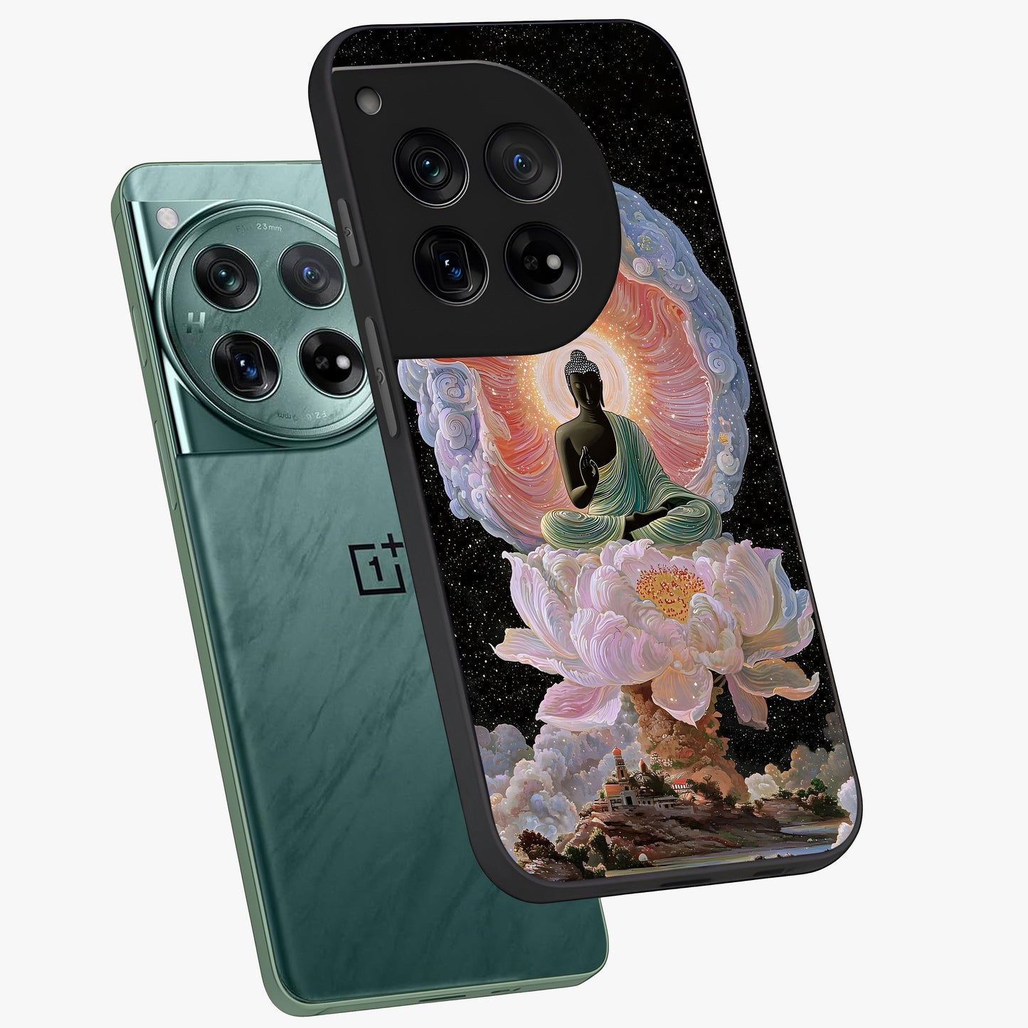 Zen Lotus Realm Glass Case for 1+12 angled mockup showcasing glossy finish and serene gradient detailing