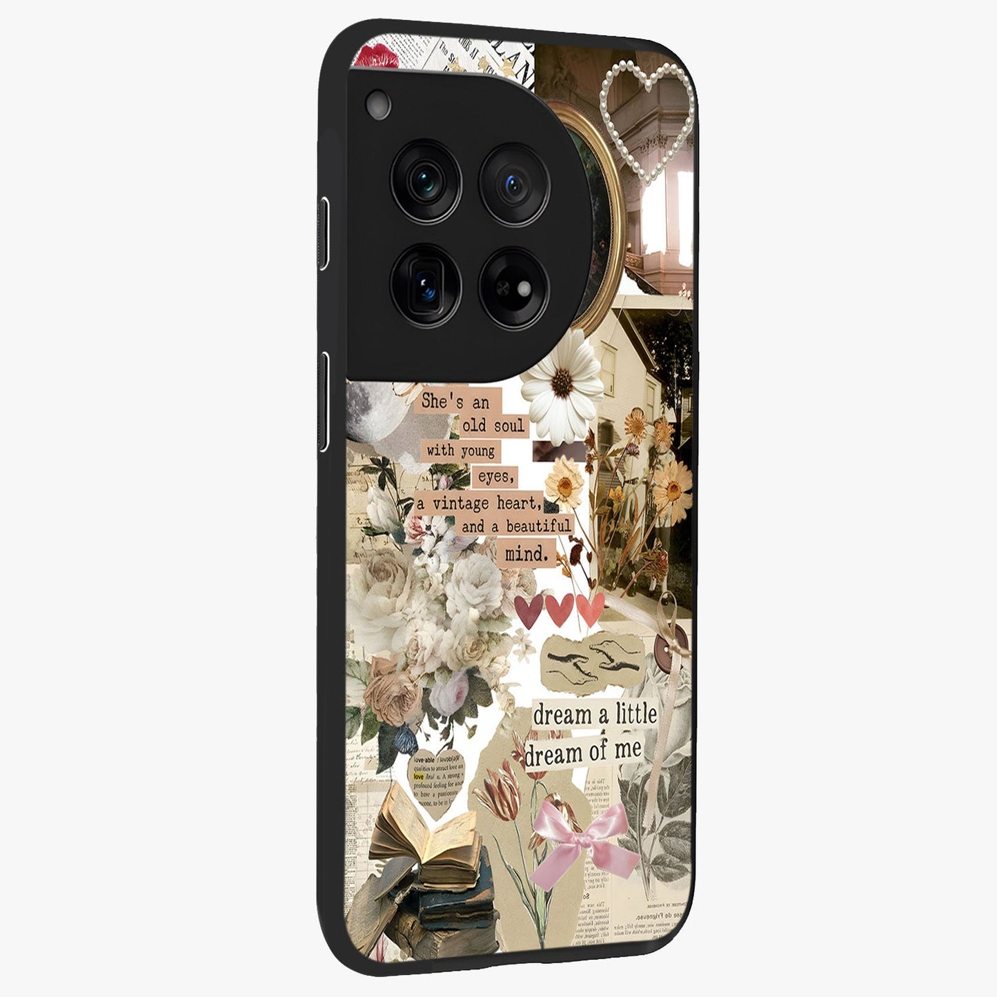 Aesthetic Brown Vintage Collage Glass Case for 1+12 side perspective highlighting detailed aesthetic collage elements