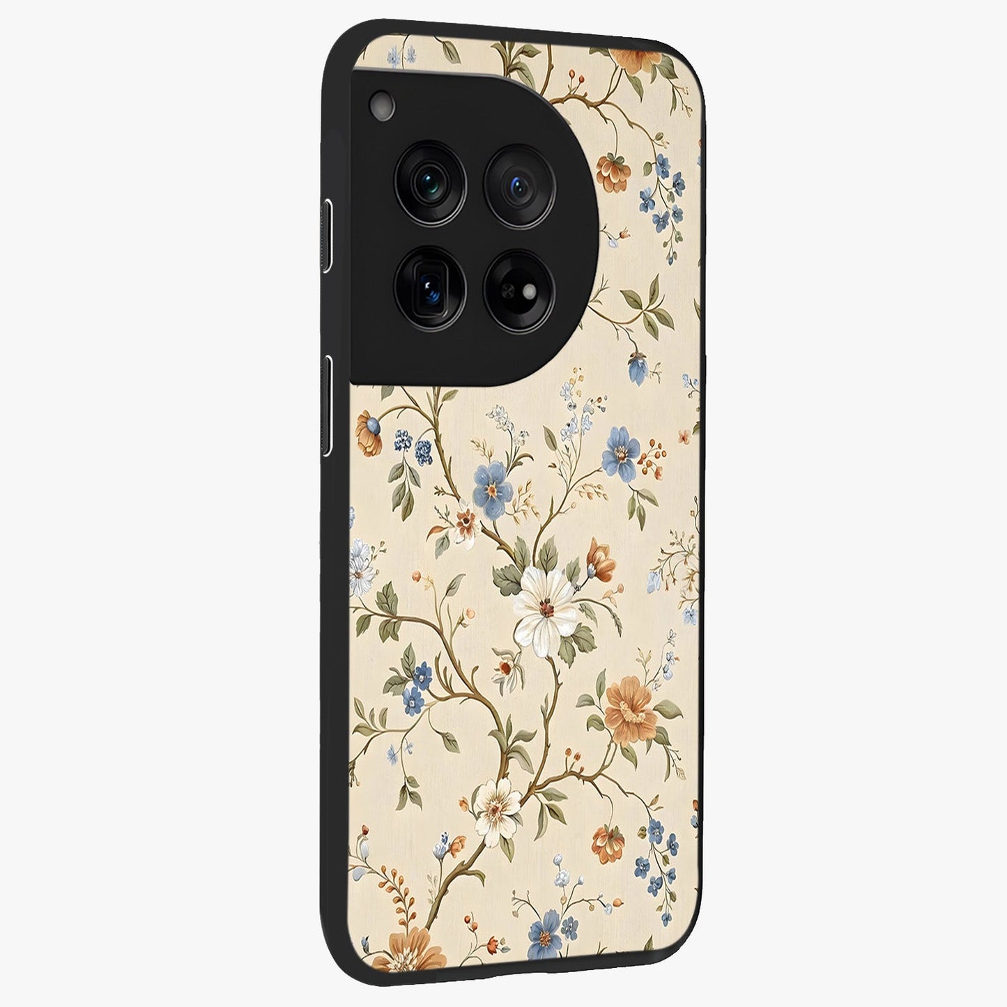 Beige Vintage Flower Glass Case for 1+12 side perspective highlighting subtle tones and premium floral detailing