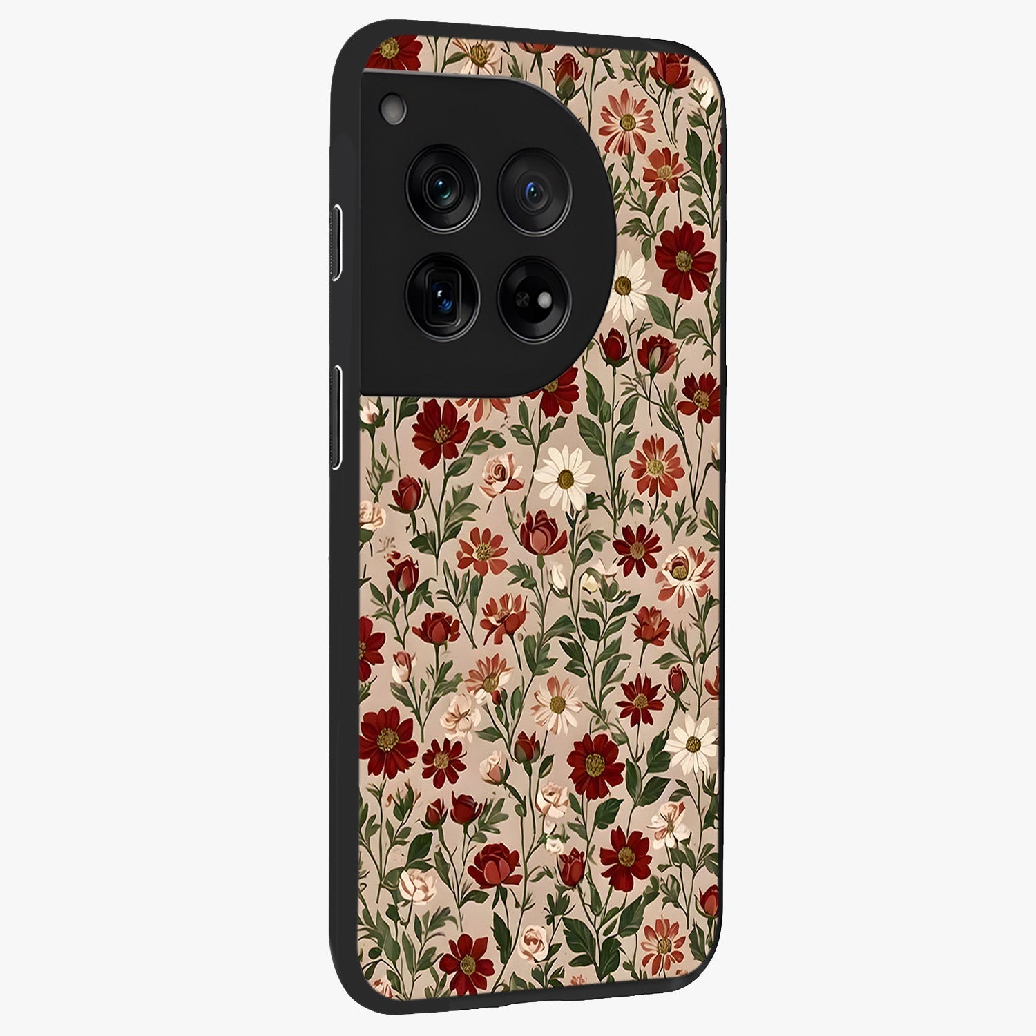 Biege Flower With Leaf Glass Case for 1+12 side perspective highlighting subtle tones and elegant flower texture