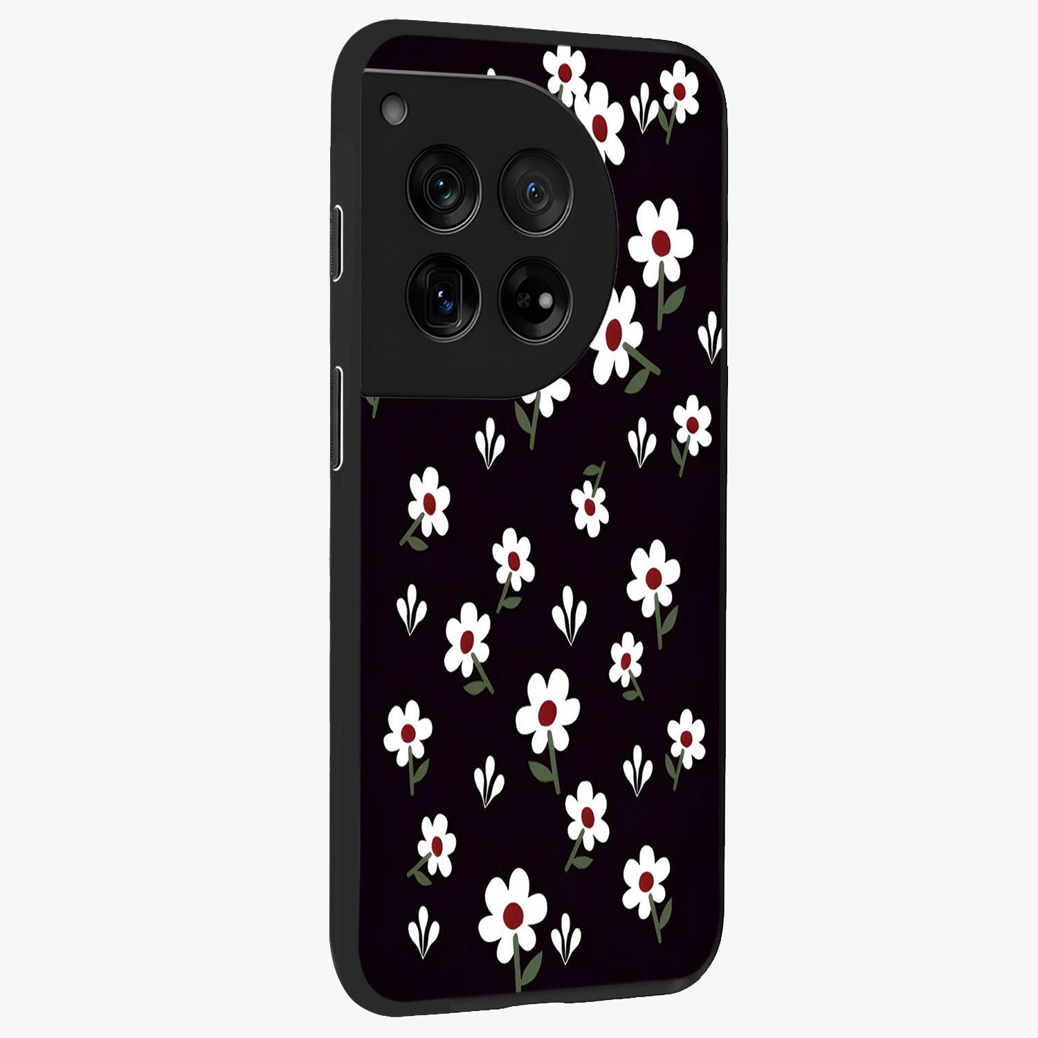 Black Prints Daisy Flower Pattern Glass Case for 1+12 side perspective highlighting delicate daisy details and smooth edges