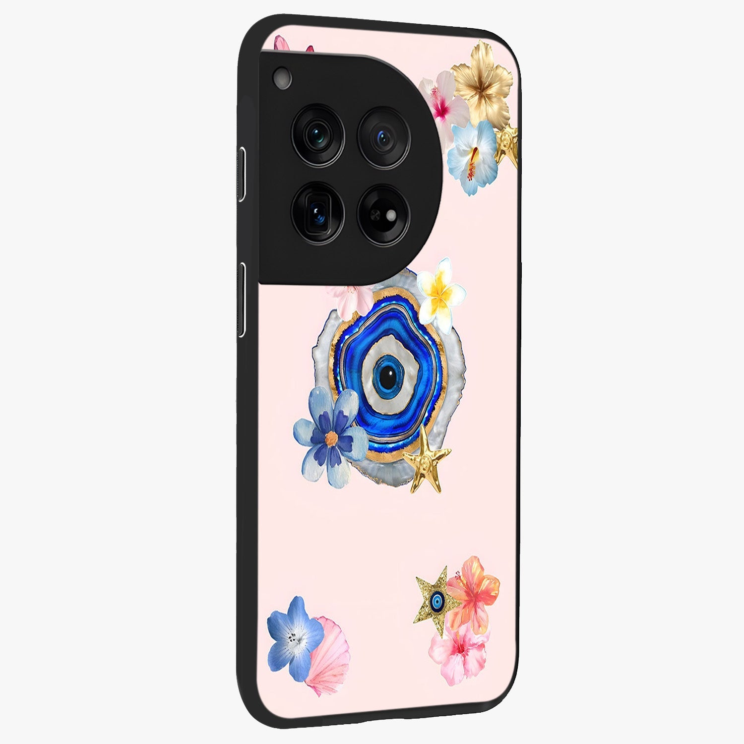 Blossom Evil Charm Glass Case for 1+12 side perspective highlighting delicate blossom detailing and bold symbol contrast