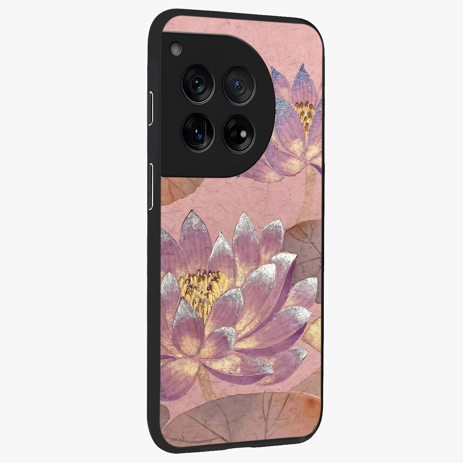 Blossom Mist Lotus Glass Case for 1+12 side perspective highlighting elegant lotus illustration and premium build