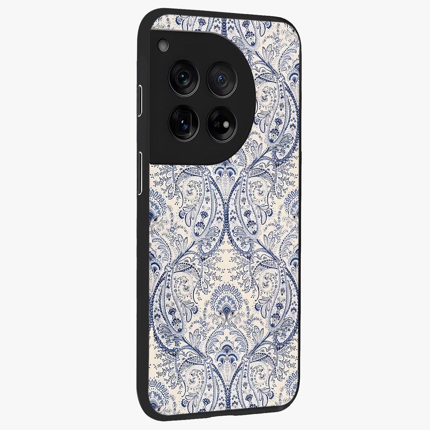 Blue Paisley Bloom Glass Case for 1+12 side perspective highlighting elegant paisley textures and premium build
