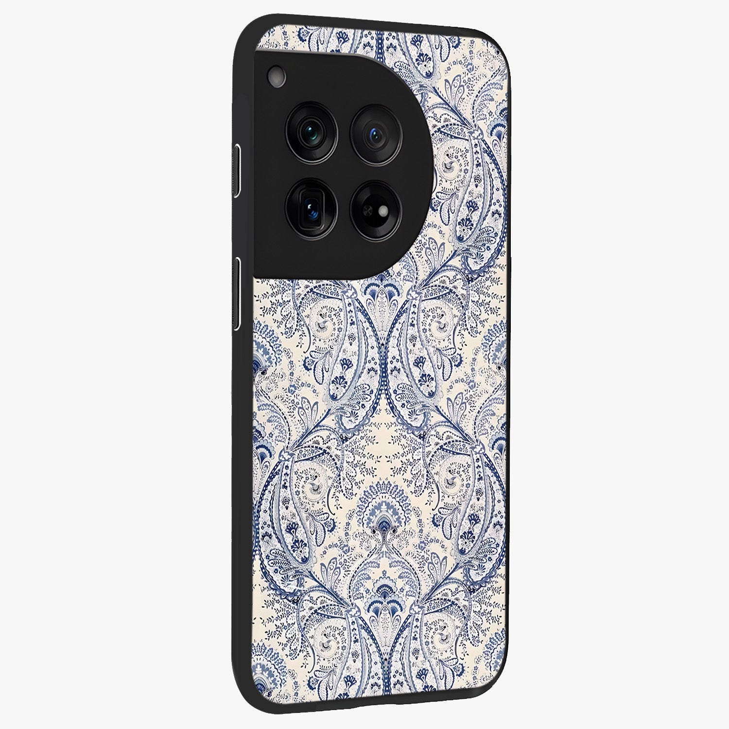 Blue Paisley Bloom Glass Case for 1+12 side perspective highlighting elegant paisley textures and premium build
