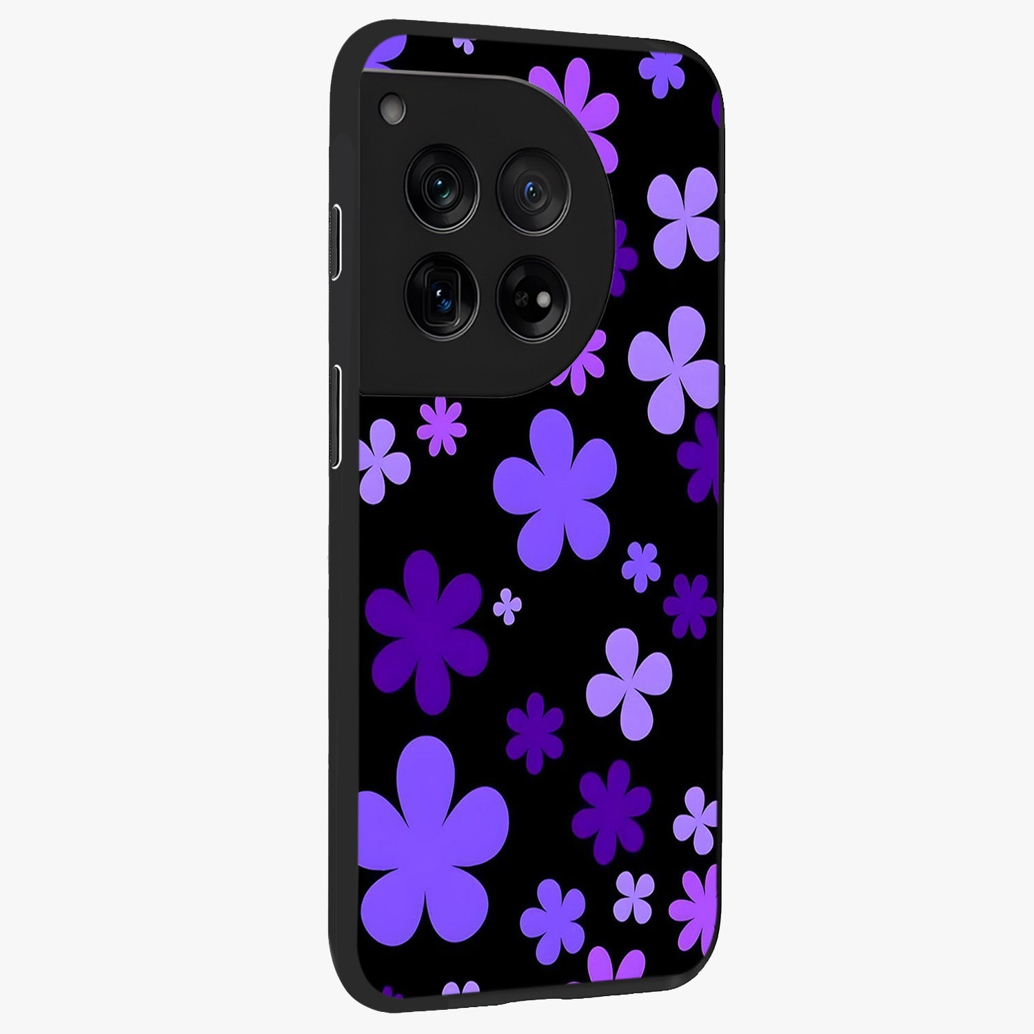 Blue Retro Pop Flowers Glass Case for 1+12 side perspective highlighting colorful vintage floral detailing