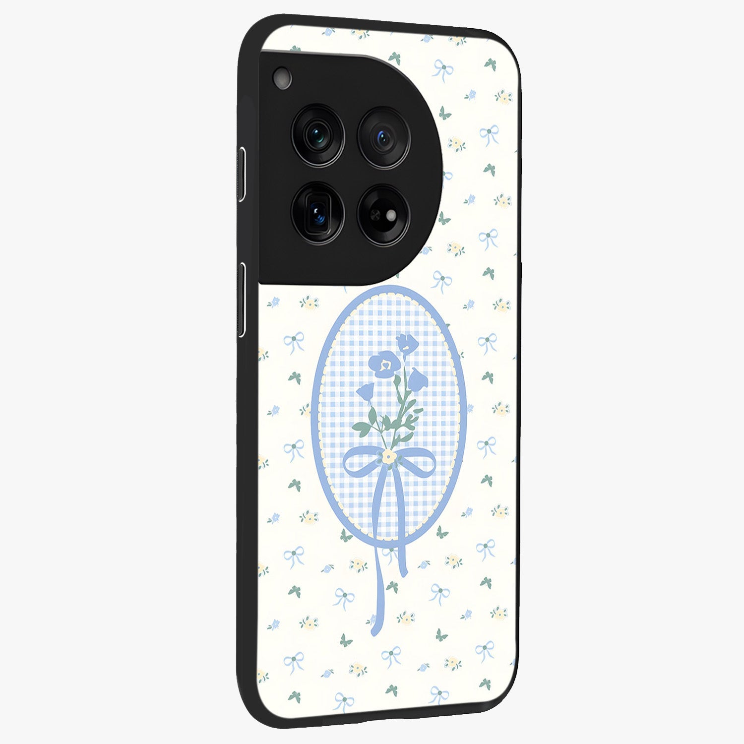 Blue Ribbon Bloom Glass Case for 1+12 side perspective highlighting graceful floral design and premium edges