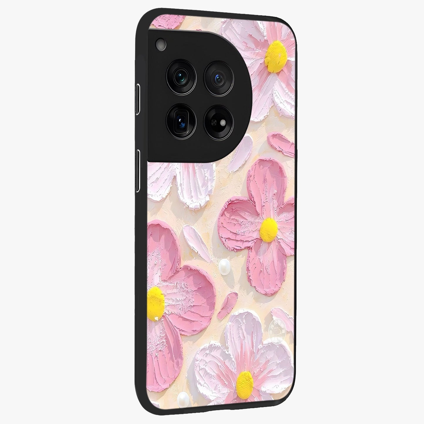 Blush Bloom Texture Glass Case for 1+12 side perspective highlighting rich floral textures and smooth edges