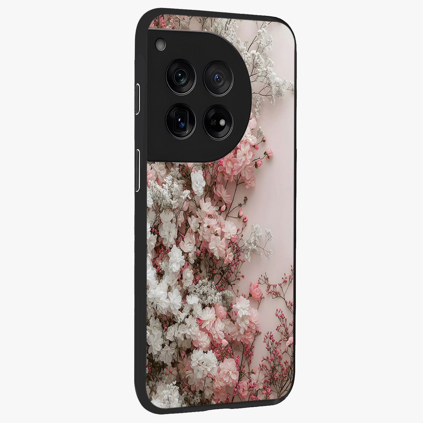 Blush Blossom Cloud Glass Case for 1+12 side perspective highlighting airy blush detailing and premium build