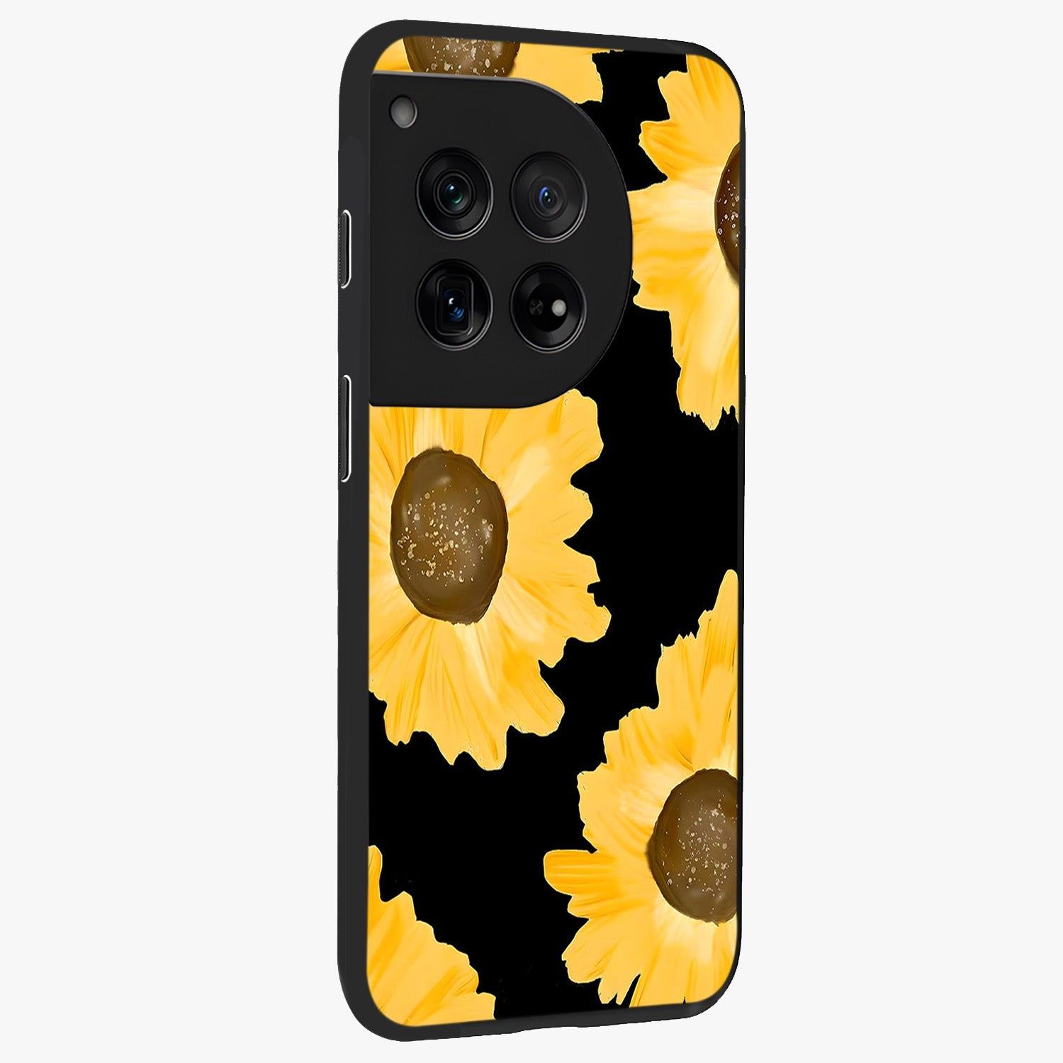 Bold Sunflowers Glow Glass Case for 1+12 side perspective highlighting rich yellow hues and premium edge finish
