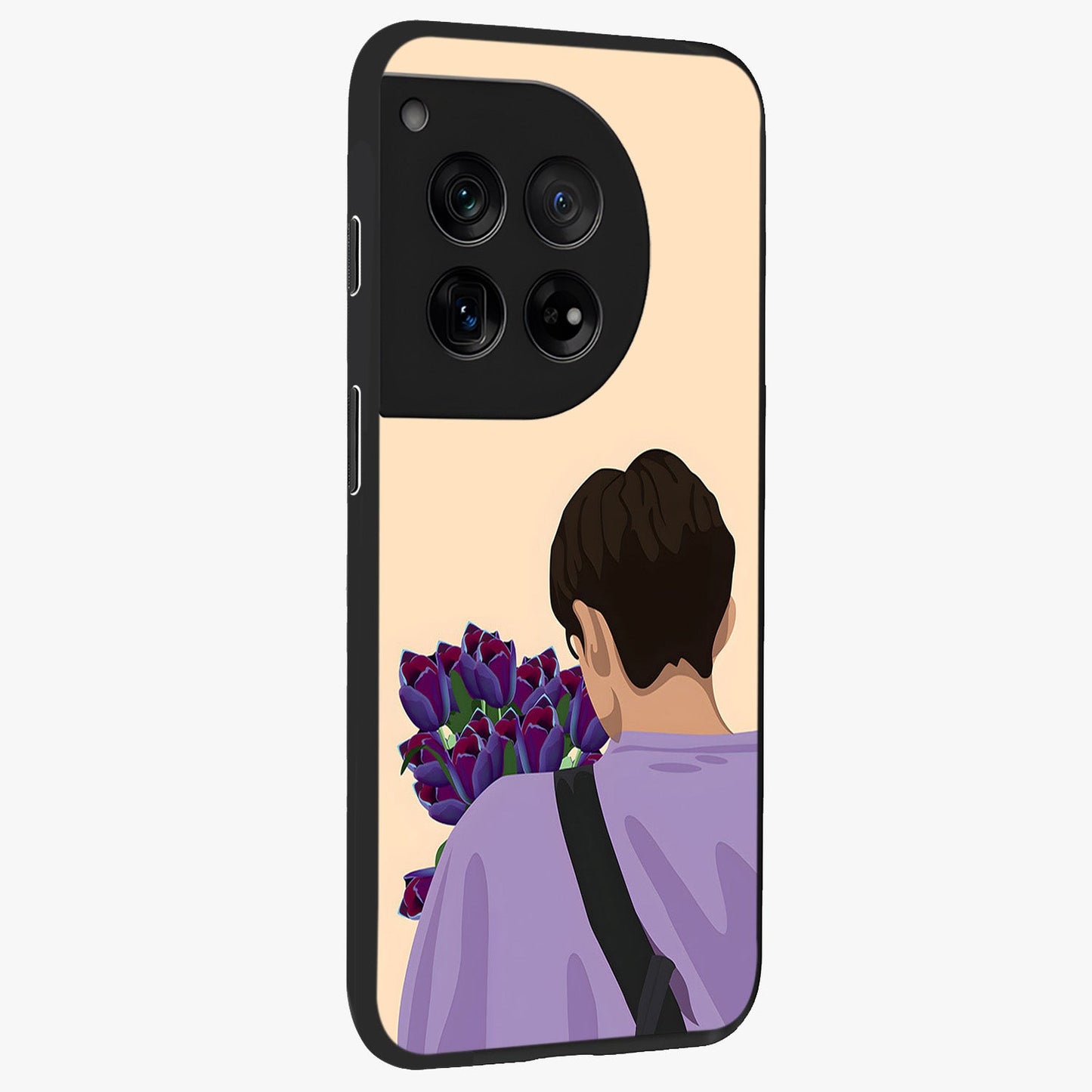 Boy Holding Flowers Glass Case for 1+12 side perspective highlighting delicate flower details and premium build