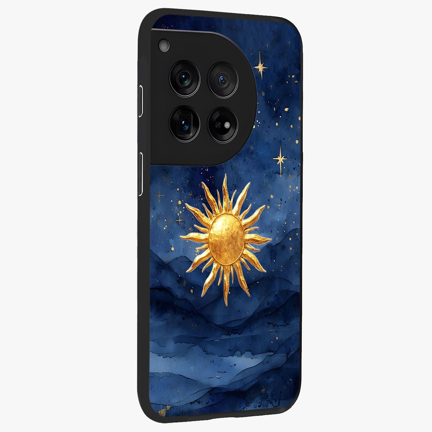 Celestial Blue Glow Glass Case for 1+12 side perspective highlighting vibrant glow detailing and sleek edges