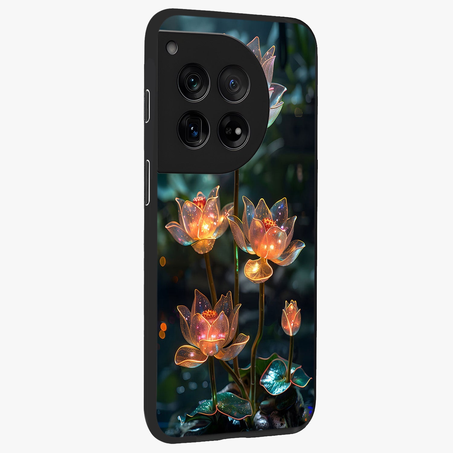 Celestial Lotus Light Glass Case for 1+12 side perspective highlighting delicate lotus detailing and premium finish